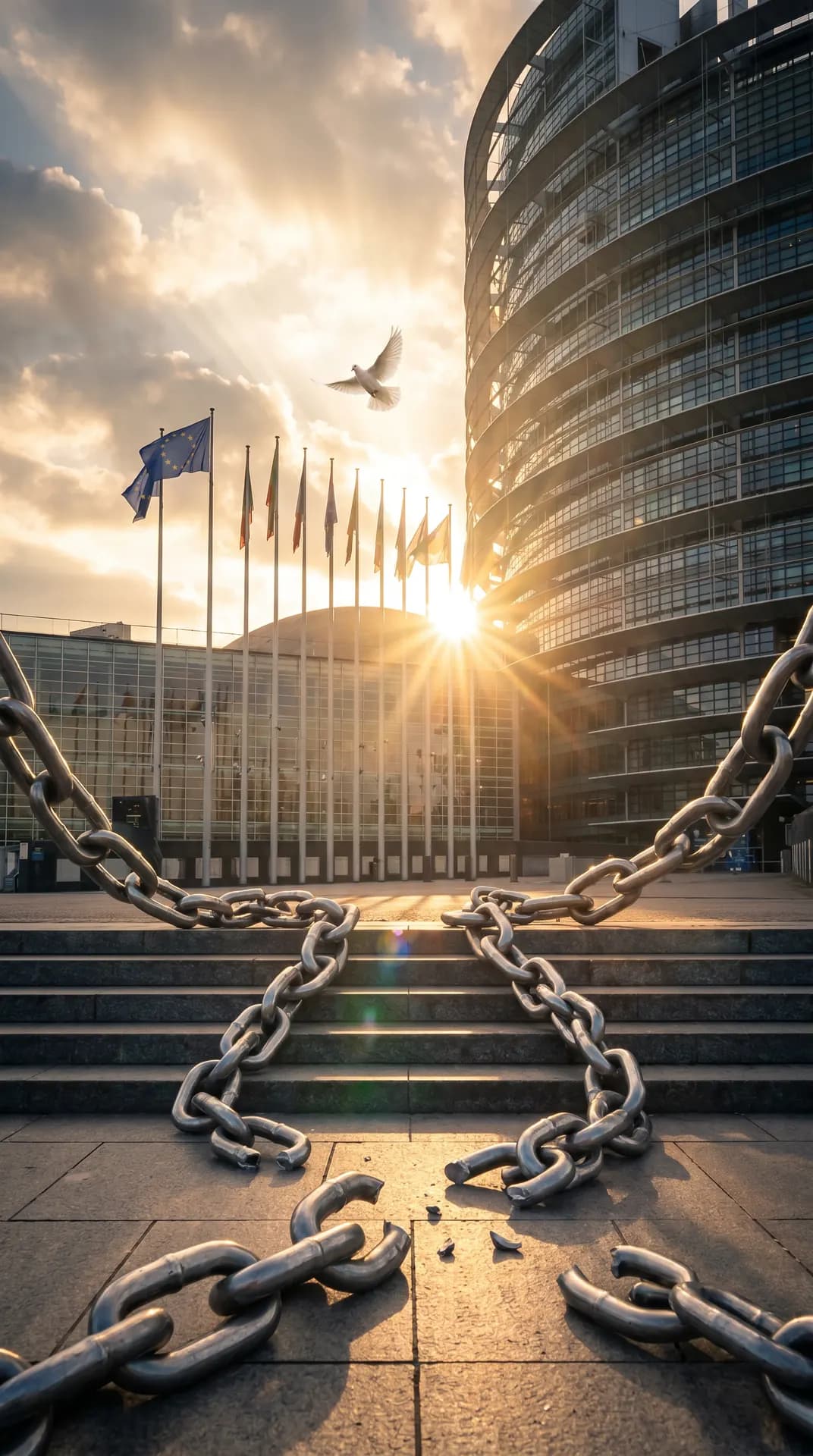 Friedenstaube über EU-Parlament mit gebrochenen Ketten